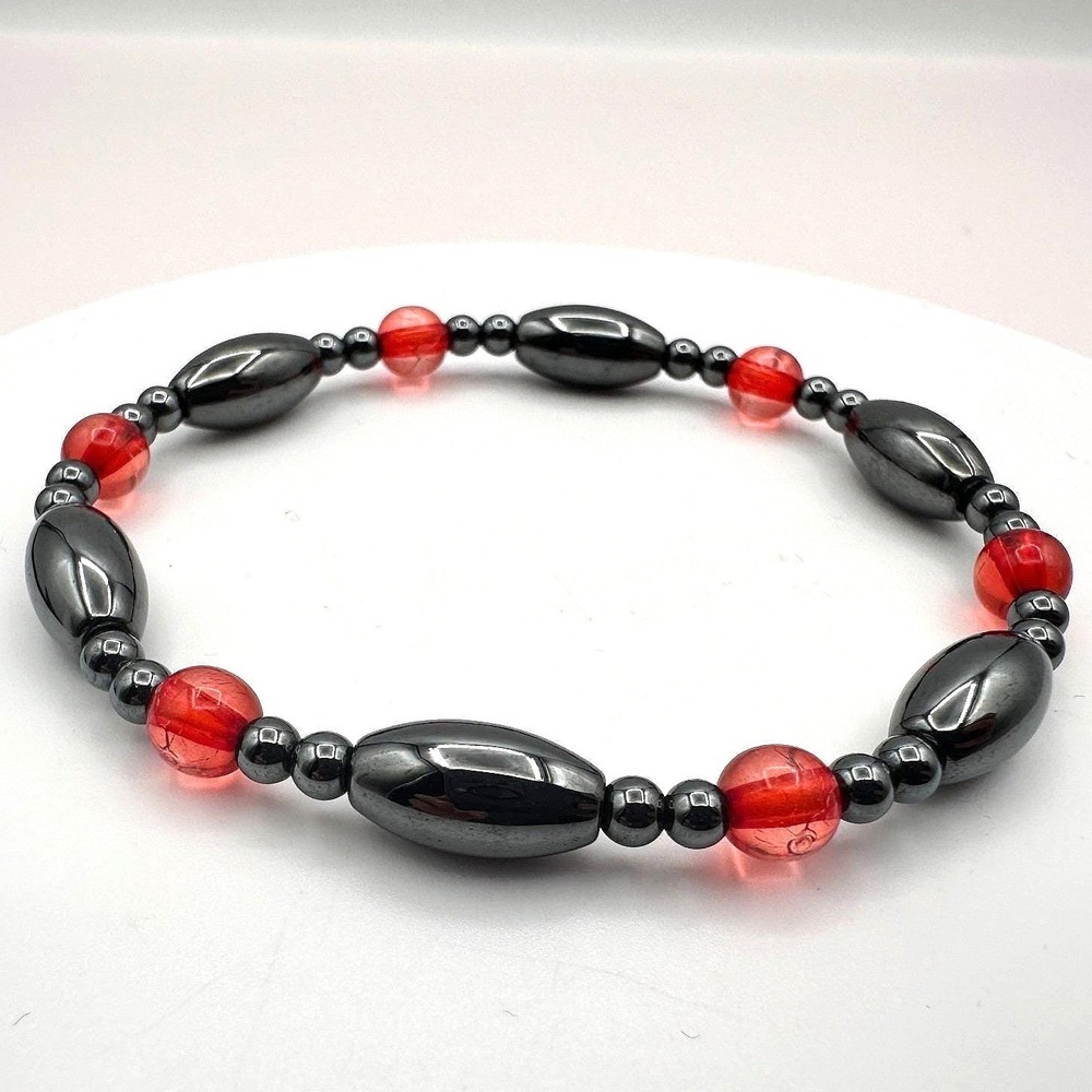 Vintage 90s Hematite Red Glass Bead Stretch Bracelet Classic Fashion Jewelry Y2K